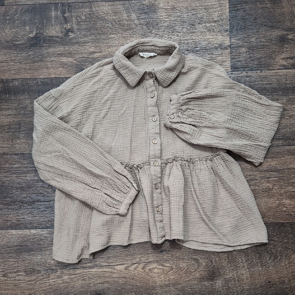 Altar'd State Beige Button-Down Peplum Shirt